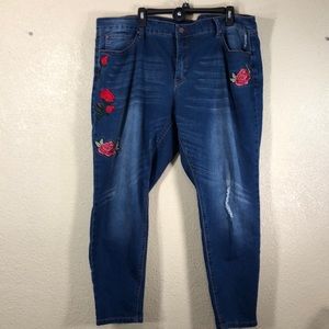 Ranbeeri Denim Jeans Pants Blue w/Roses Skinny Ripped Size 24